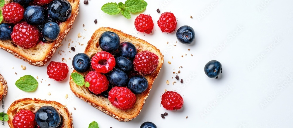 Poster berries on toast for breakfast healthy food on a white background top view copy space