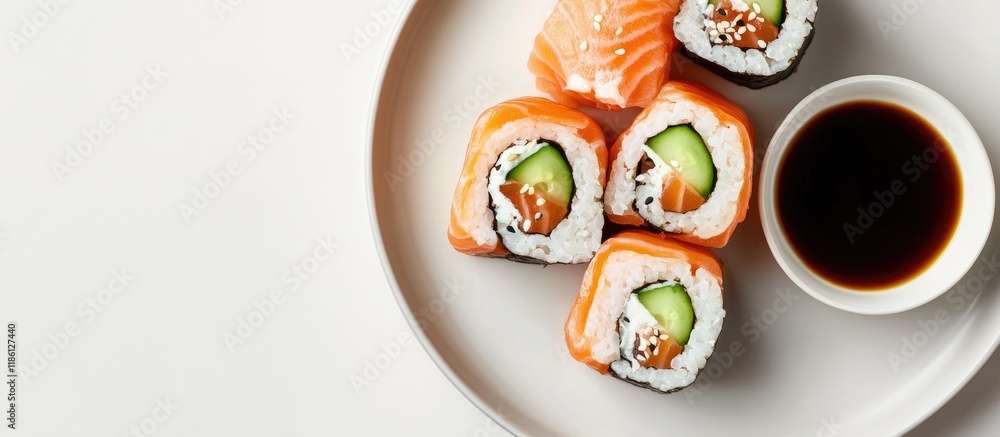Poster philadelphia rolls feature salmon cucumber and cheese on a plate with soy sauce set against a white 