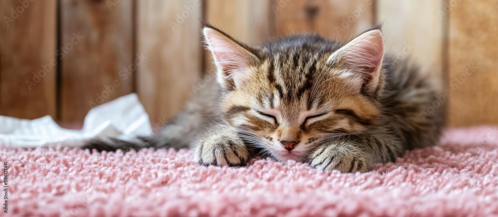 Poster The kitten is resting on a pink carpet with a white tissue nearby and a plank backdrop. with copy space image. Place for adding text or design