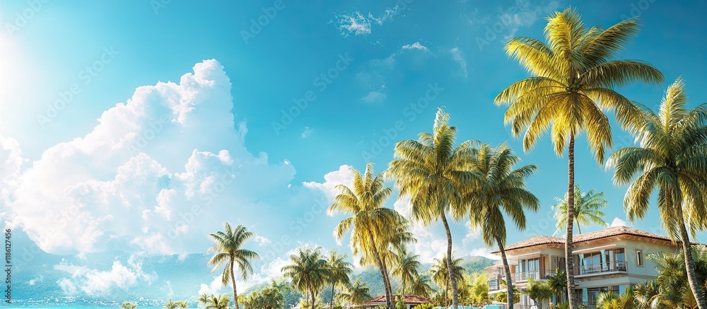 Poster exotic vacation resort featuring palm trees a blue sky and a hotel building on a bright sunny summer