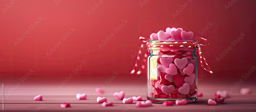Poster small jar featuring pink hearts against a red background. with copy space image. place for adding te