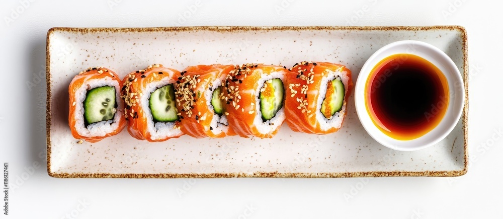 Leinwandbilder philadelphia rolls feature salmon cucumber and cheese on a plate with soy sauce set against a white 