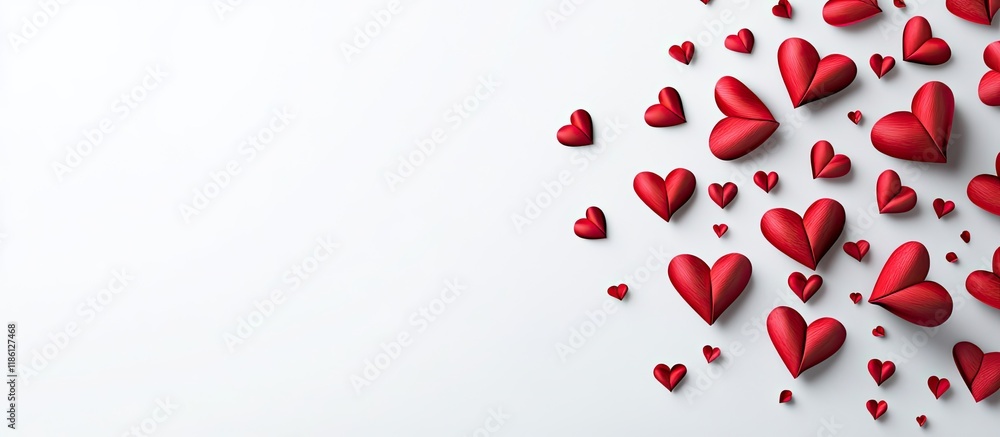 Poster valentine s day red paper hearts on a white background top view copy space area for text