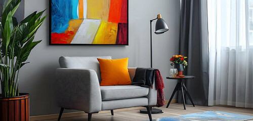 Trendy room featuring a grey palette, colorful art pieces, and a chic armchair for a modern, stylish environment.