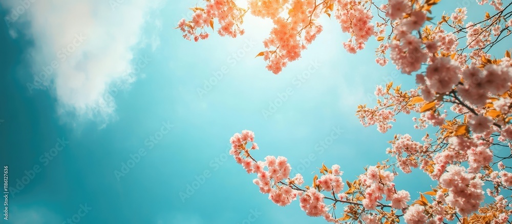Poster bottom view of blooming cherry tree branches against a blue sky in early spring. with copy space ima