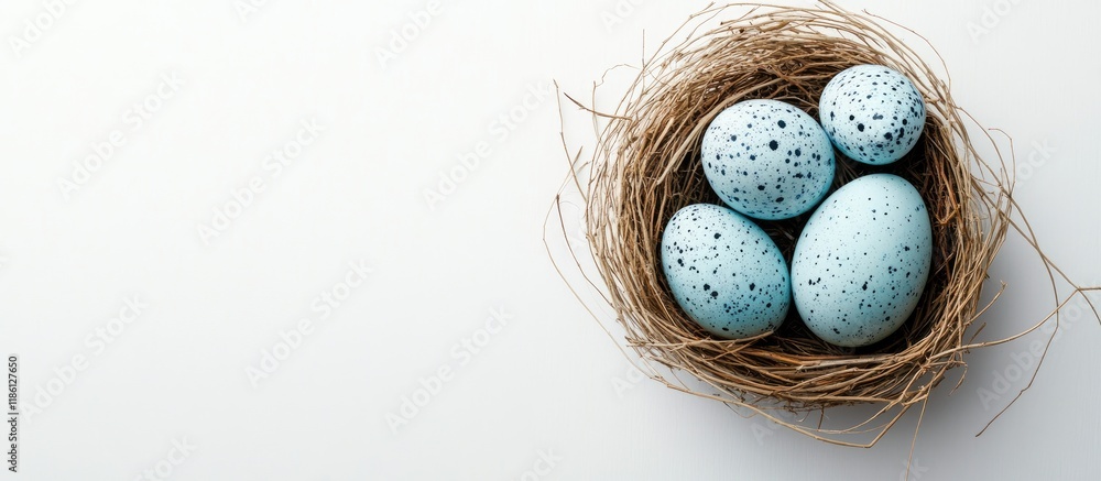 Leinwandbilder Blue speckled Easter egg and nest on a white background Flat lay Top view. with copy space image. Place for adding text or design