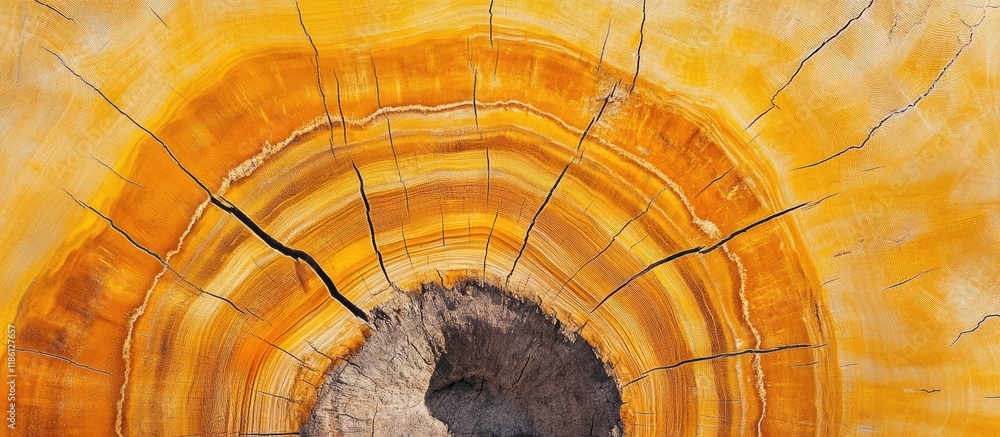 Poster top view shot of a large yellow tree cross section showing annual rings and cracks in the wood stump