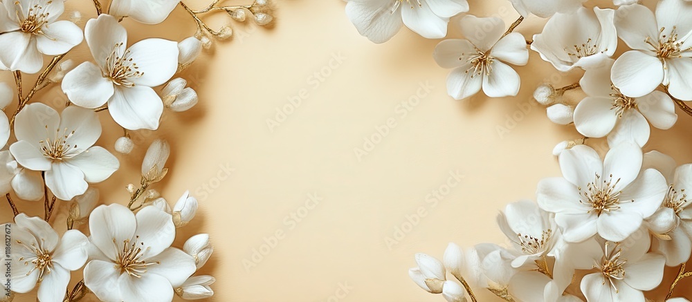 Leinwandbilder golden frame featuring white flowers against a colored background. with copy space image. place for 
