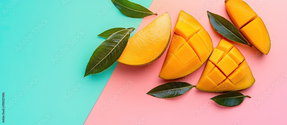 Aufkleber Sweet sliced mango on a colorful background. with copy space image. Place for adding text or design