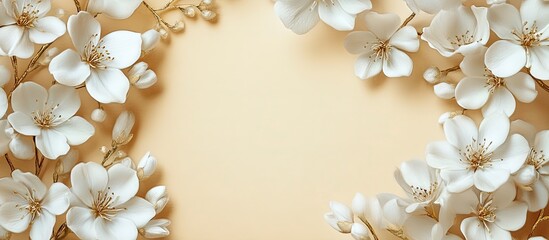 Golden frame featuring white flowers against a colored background. with copy space image. Place for adding text or design