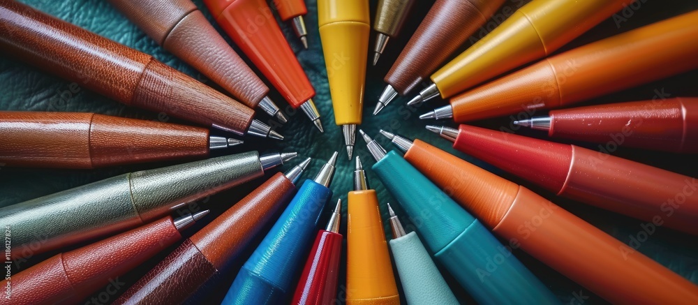Poster Colorful leather pen Concept image top view various colored pens Empty space for text Unique background view of pens. with copy space image. Place for adding text or design