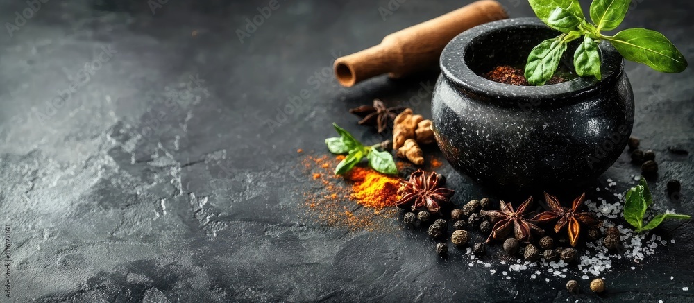 Fototapete assorted spices and a mortar on a black background with copy space