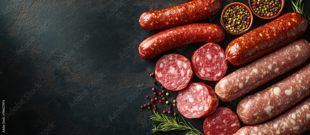 Aufkleber assorted sausages on a dark background meat product consisting of finely chopped and seasoned meat f