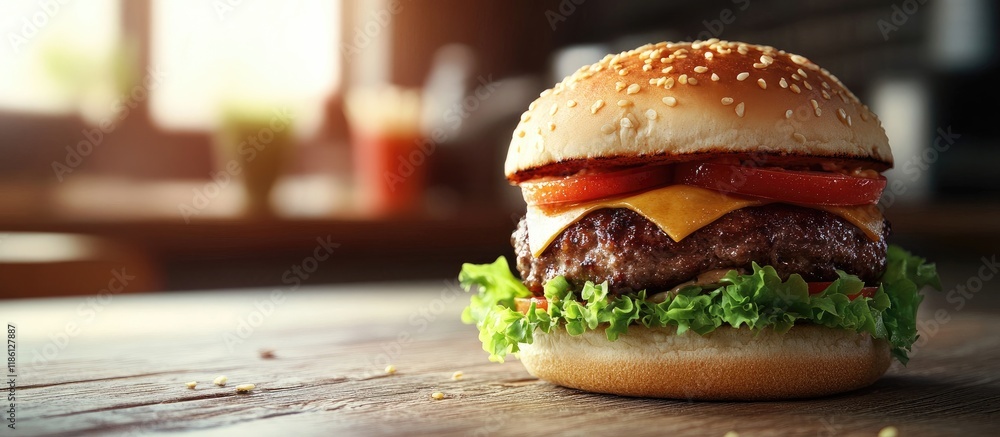 Fototapete A large delicious burger presented on a table in a cafe Space for text. with copy space image. Place for adding text or design