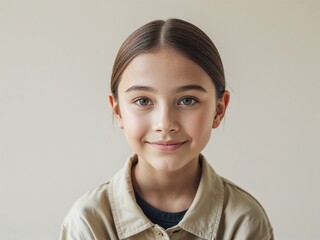Fototapeta premium young teenage girl smiling, tied hair, plain background