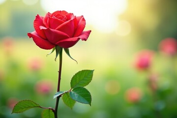 Obraz premium Long stem red rose in a field with white background, elegant, garden