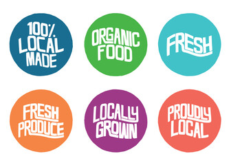 Fresh local produce circle badge set.  Vector design hand lettering illustration for web, t-shirt design, other graphic design use