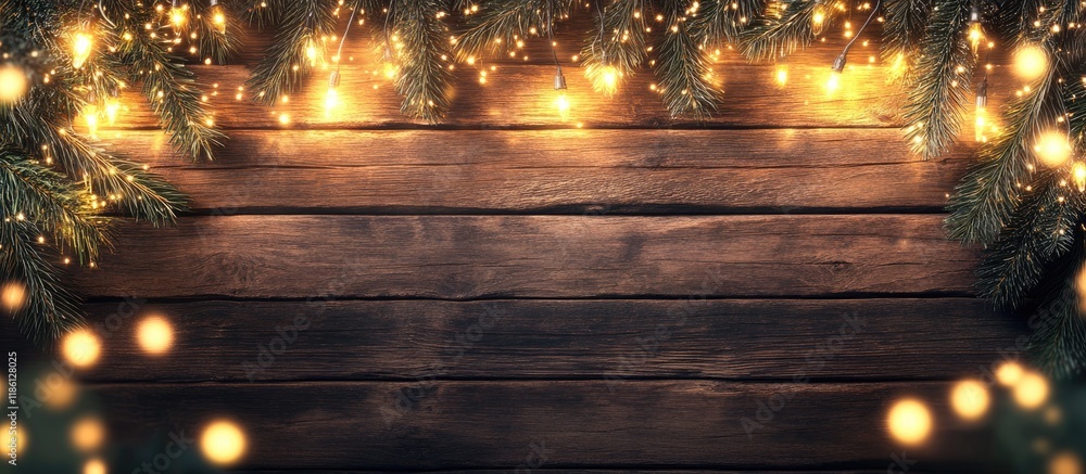 Aufkleber Wooden background with lights for Christmas and New Year. with copy space image. Place for adding text or design