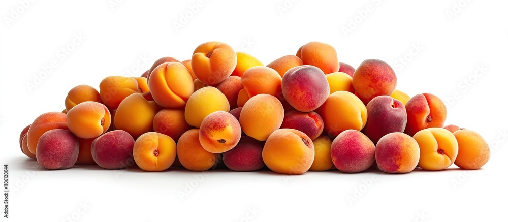 Poster a pile of fresh healthy african apricots and peaches isolated on a white studio background. with cop