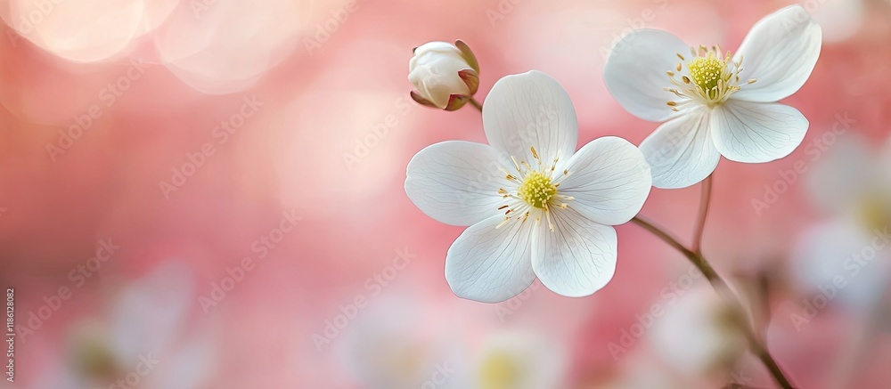 Aufkleber Macro world featuring white forest flowers against a pink background in nature Blooming natural forest flowers captured through macro photography for cards with a stunning array of macro flowers as