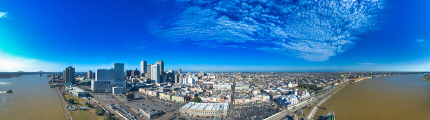 Panoramic aerial view of New Orleans skyline at sunset, Louisiana