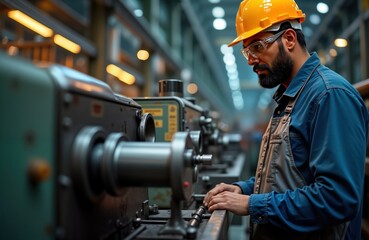 Indian man works on lathe machine in large factory. Engineer wears hard hat, safety glasses. Controls metalworking machine. Manufacturing process in industrial workplace. Man checks, controls