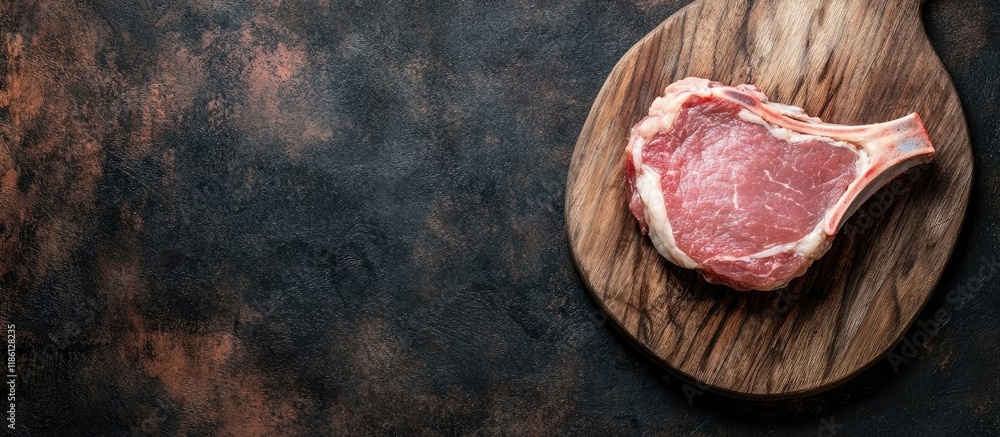 Poster raw pork chop on a wooden board top view with space for text. with copy space image. place for addin