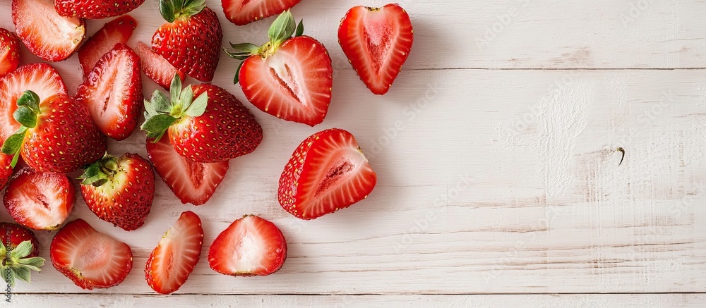 Poster sliced strawberries on a white wooden surface berry background featuring space for text selective fo