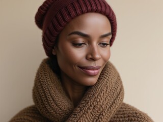 beautiful black woman wearing winter hat and clothes, portrait, studio shot