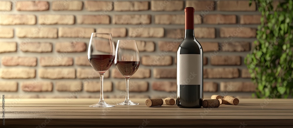 Aufkleber Wine bottles glasses and corks on a table in the background. with copy space image. Place for adding text or design
