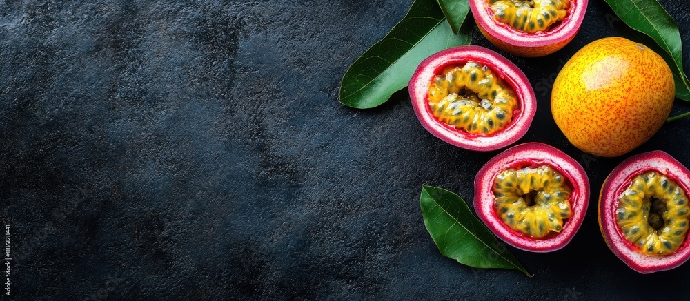 Poster overhead view of yellow skinned passion fruits on a black background. with copy space image. place f
