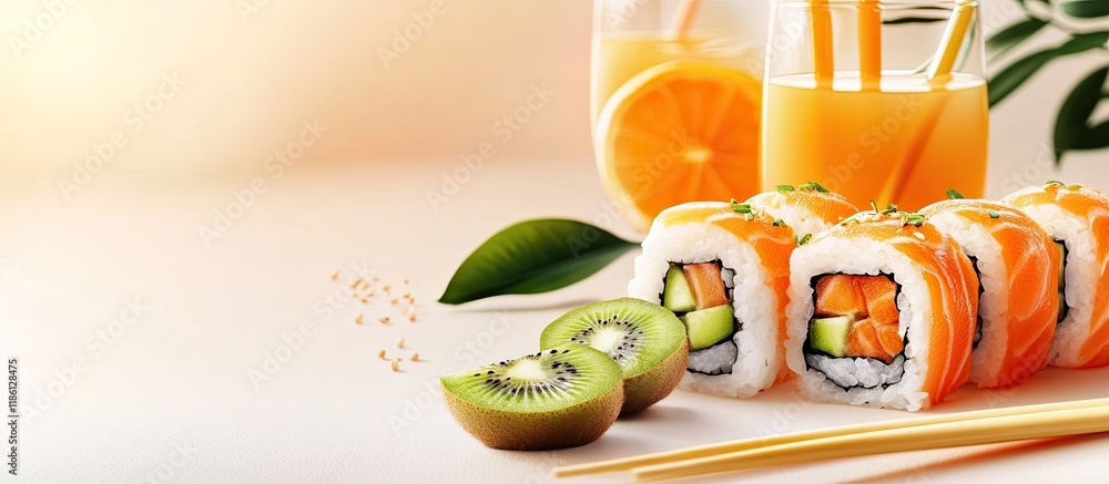 Poster sushi rolls with chopsticks and orange juice with kiwi copyspace