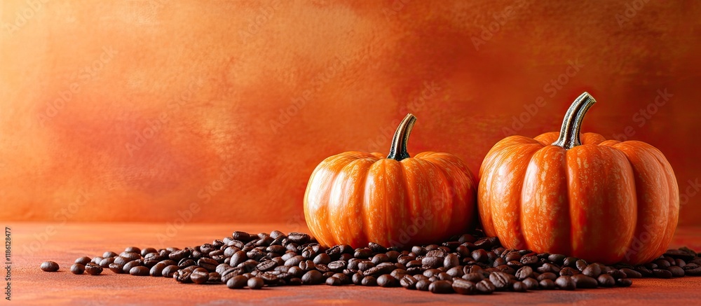 Aufkleber decorative pumpkins accompanied by coffee beans on an orange and wooden backdrop halloween themed co