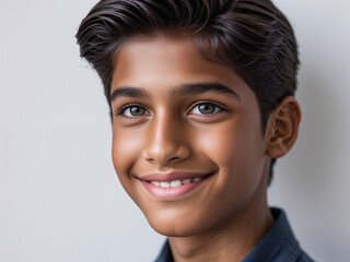 young teenage brown boy smiling, plain background, casual clothes