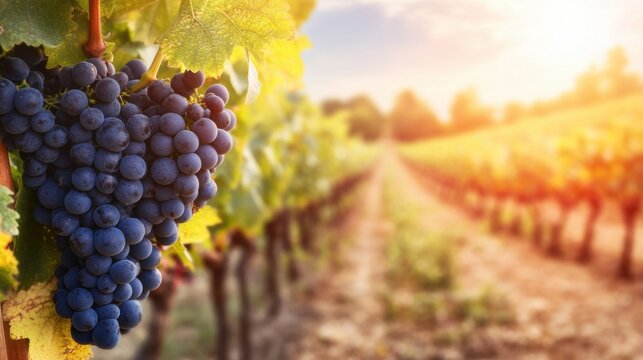 Ripe grapes bask in the warm sunlight, surrounded by lush green vines in a vineyard during a beautiful late afternoon