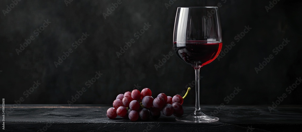 Poster A side view of a glass of red wine and grapes on a black wooden table. with copy space image. Place for adding text or design