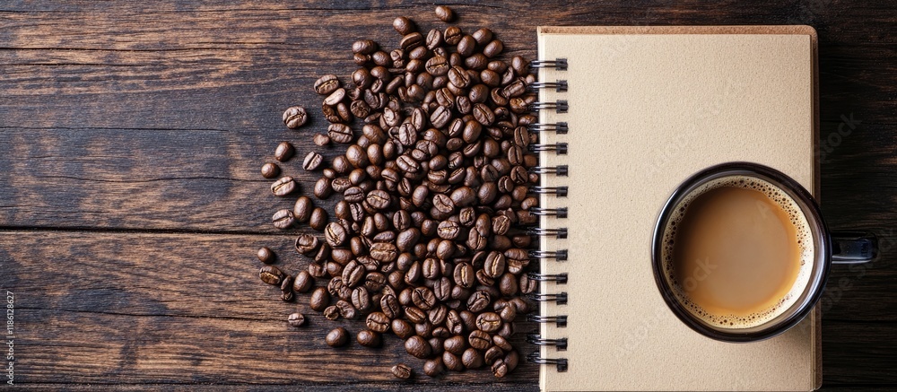 Poster A notebook and coffee beans are arranged on the desk from a top view. with copy space image. Place for adding text or design