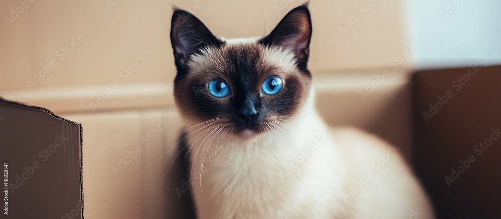 Poster pet adoption concept siamese cat sitting in front of a cardboard box sandy colored background with a