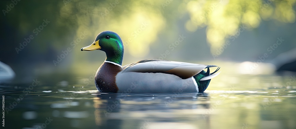 Poster A duck gliding on the water. with copy space image. Place for adding text or design