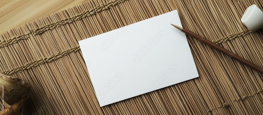 Poster Notes on a white paper placed on a bamboo mat. with copy space image. Place for adding text or design