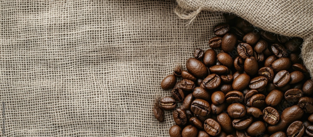 Poster coffee beans on fabric with top view and copyspace for text