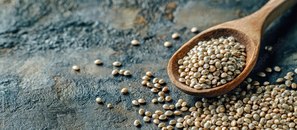 Poster background of hemp food seeds accompanied by a rustic wooden spoon area for text. with copy space im