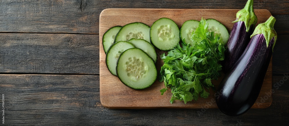 Aufkleber sliced eggplant and cucumber arranged on a wooden cutting board a healthy vegetable idea for a diet.