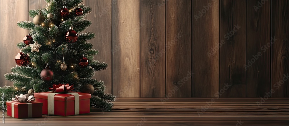 Leinwandbilder christmas tree accompanied by a gift box and decorations on a wooden surface with space for letterin