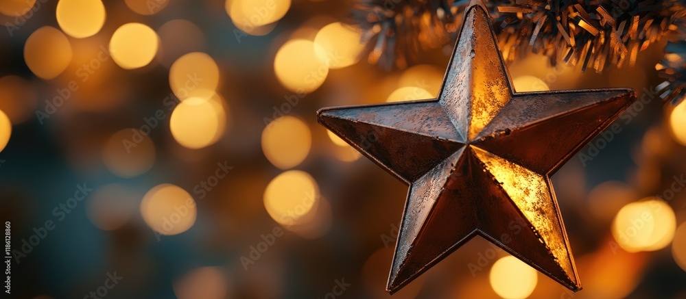 Leinwandbilder close up of a metal star with a bokeh background and selective focus. with copy space image. place f