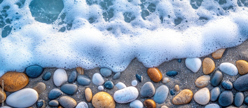 Aufkleber Pebble stones on the beach during a warm summer day where the blue sea rolls with white foam waves. with copy space image. Place for adding text or design