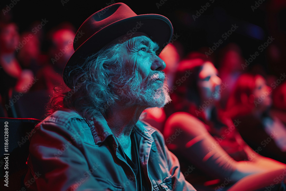 Poster actor standing in front of a crowded audience in a theater generative ai image