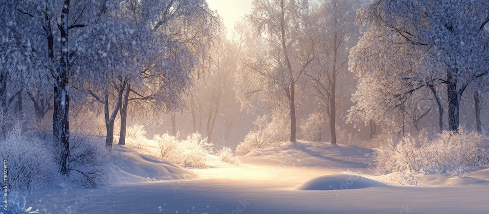 Leinwandbilder winter grove blanketed in snow with light. with copy space image. place for adding text or design