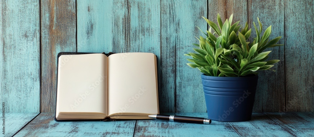 Poster Open blank diary pages and a pen beside a plant pot on a blue wooden table background. with copy space image. Place for adding text or design