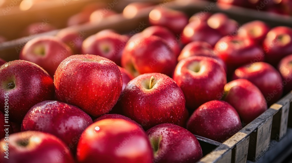 Poster red apples are being sorted on a conveyor system in a processing facility, ensuring quality for dist